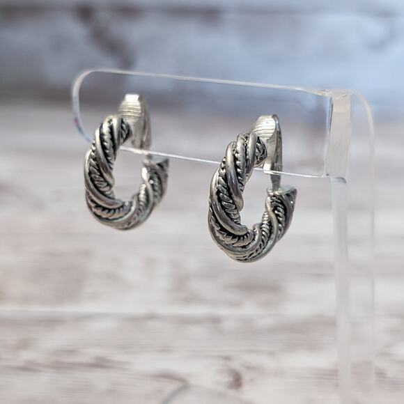 Vintage Jewelry - Vintage Clip On Earrings Silver Tone Twisted Rope Style Hoops - Some Tarnish